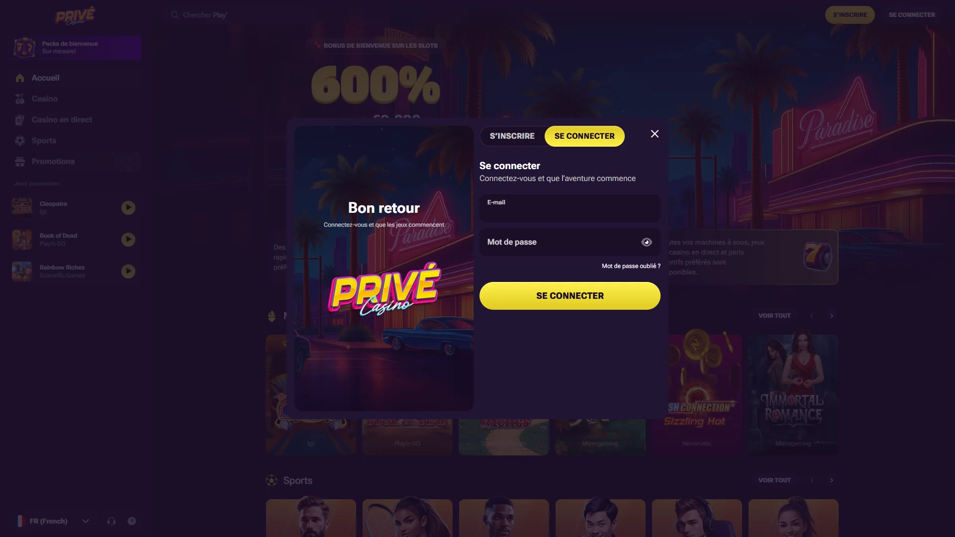 Prive Casino connexion — formulaire de login